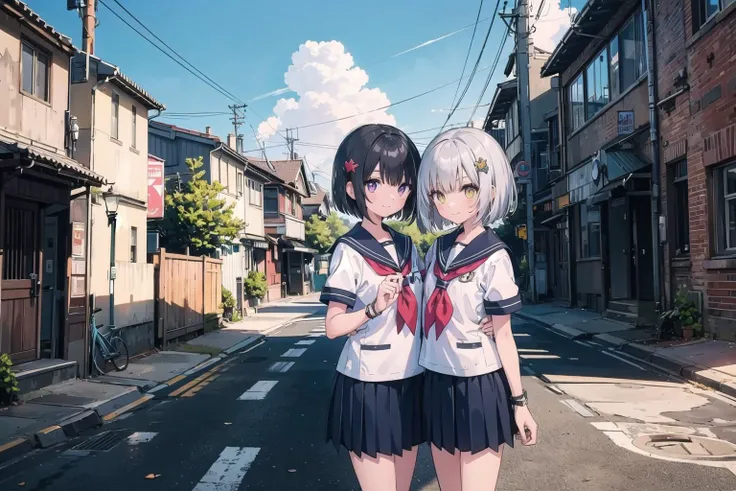 (masterpiece),  (2girls:1.3),  short hair,  bob hair,  silver hair,  medium,  black hair,  yellow eyes,  purple eyes,  hair ornament,  school uniform,  street,  scenery,  bicycles,  sky,  cowboyshot,  smile