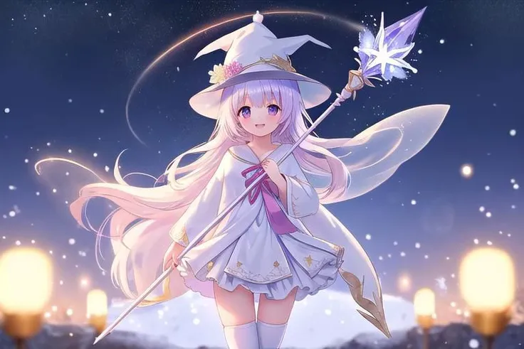 anime, cute girl, wizard hat, robe, thigh-highs, holding ancient staff, happy, midnight, bloom, ambient occlusion, glow, glowing lights, light particles, transparent, translucent, bokeh, depth of field, snow, wind