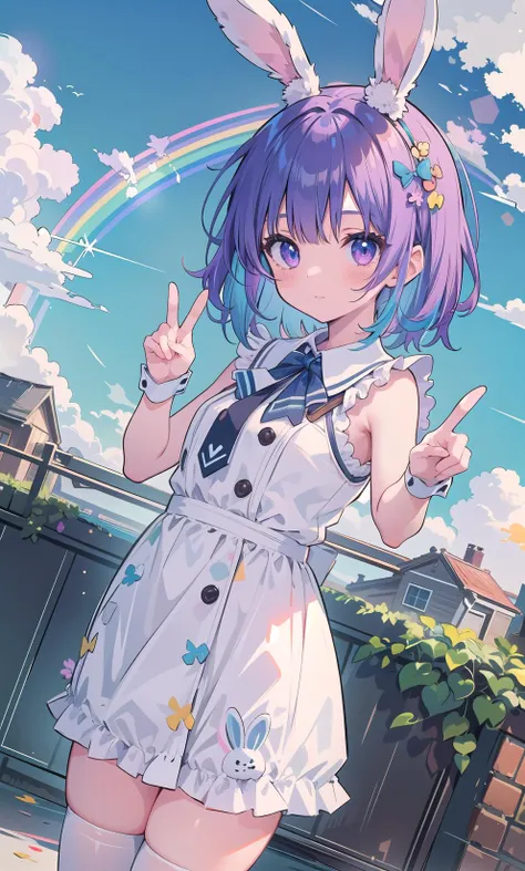 best quality,masterpiece,(1girl, solo),rabbit ears,easter egg,bunny_costume,rainbow hair,medium hair,Gestures,double v,close shot,dutch angle,cloudy sky,illustration.