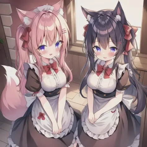 two anime girls dressed in maid outfits posing for a picture