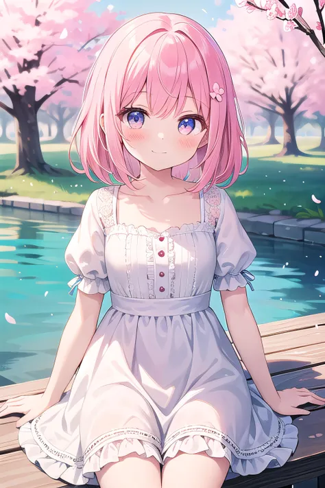 (masterpiece), best quality, outdoors, cherry blossoms, sunlight, lake, dappled sunlight, light particles, 1girl, blush, smile, medium hair, pink hair, white dress, puffy sleeves, frills