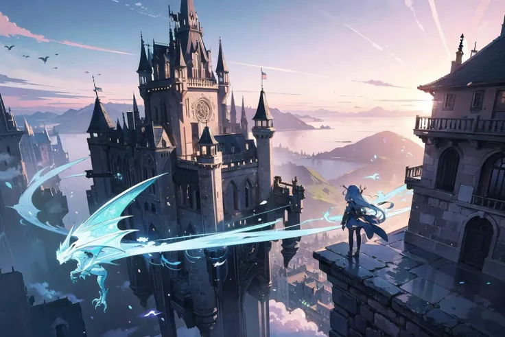 (masterpiece),  1girl,  long hair,  blue hair,  knight,  dress,  floating castle,  fantasy,  dragon,  dynamic angle,  scenery