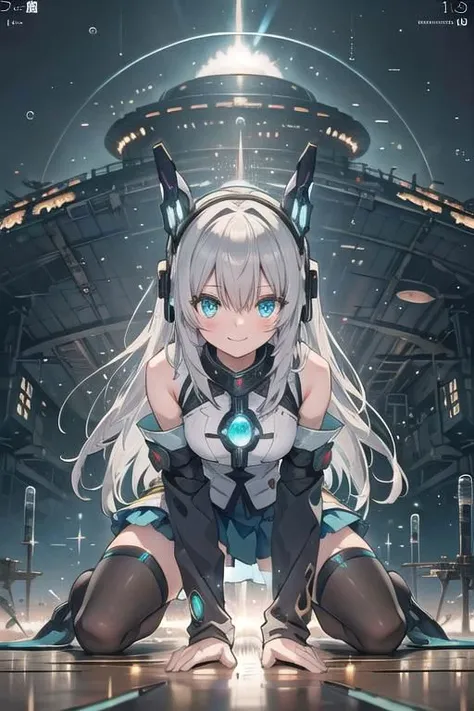 (masterpiece), (science fiction:1.4), on all fours, smile, silver hair, aqua eyes, headgear, long sleeves, detached sleeves, glowing energy clothing, light particles, short skirt