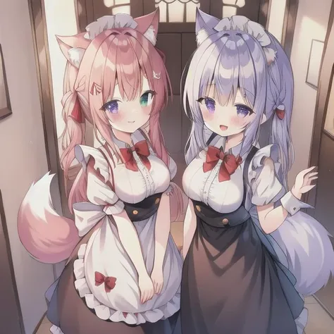 anime image of two girls dressed in maid outfits standing in a hallway