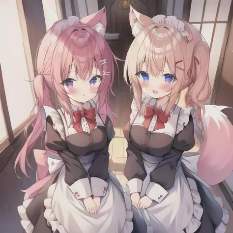 two anime girls in maid outfits are posing for a picture