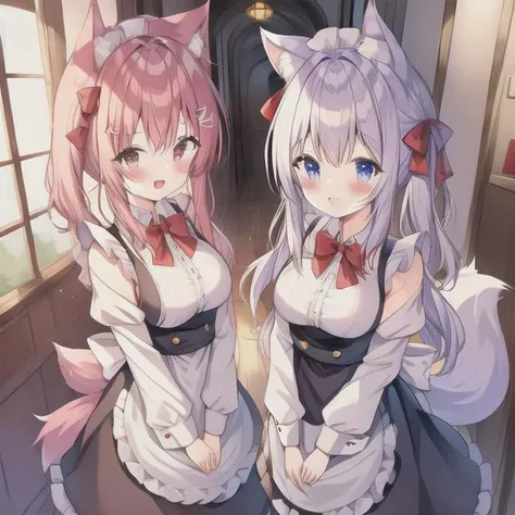 two anime girls in maid outfits standing next to each other