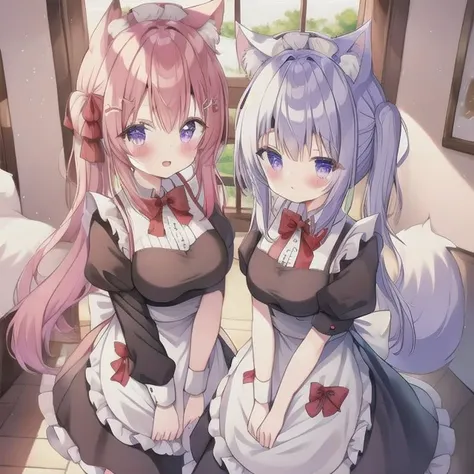 two anime girls in maid outfits are posing for a picture