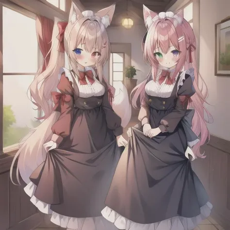 two anime girls in dresses standing next to each other