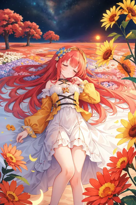 1girl, appealing op art style, Golden ratio, Long exposure of a Baroque Depressing ("Daydream, I fell asleep amid the flowers.":1.3) , at Unmotivated The Red Sea Crossing, fall nature and Planet Mars in background, Stormy weather, in focus, Detailed illust...