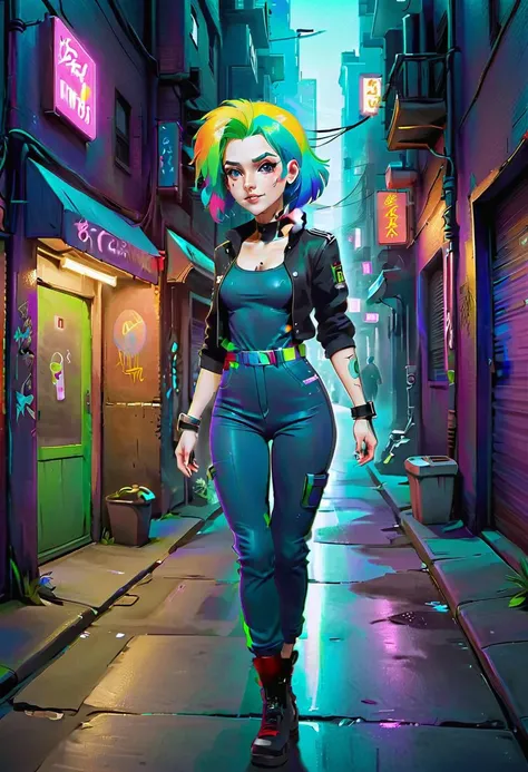 <lora:InfiniteTina:.6> A 25-year-old InfiniteTina with rainbow hair evading capture in a neon-lit cyberpunk alleyway while dressed in a skintight blue jumpsuit.