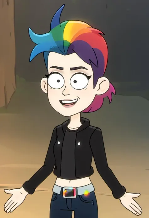 a cartoon image of a person with a rainbow hair and a black jacket