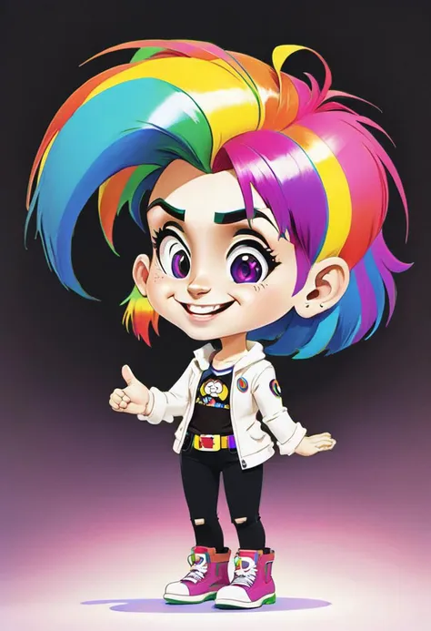 a cartoon girl with colorful hair and a white jacket