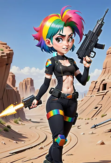 <lora:InfiniteTina:.6> A 25-year-old InfiniteTina with rainbow hair in combat training with futuristic weapons wearing protective gear.