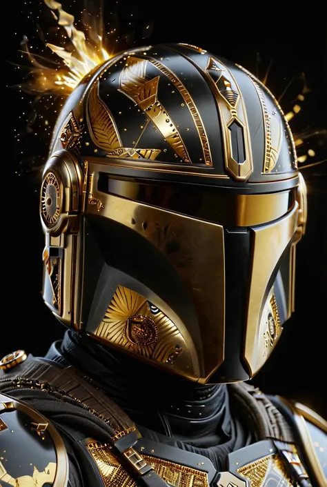 (mandalorian portrait) gold fractals beaming out of helmet, black background, glass patterns and golden shapes, golden fire all around, gold embroidery 
reflections, dark lighting, light rays, beams of light, realistic, high quality photo, 4k, hd, dvr-frft...