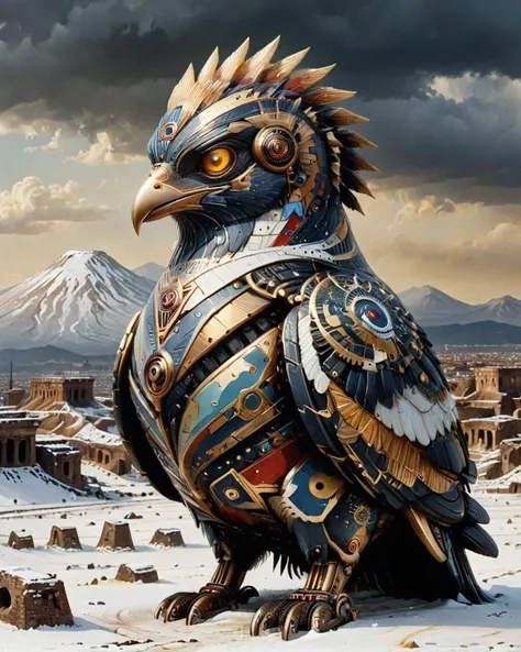 Thunderbird made of dvr-frft, Concept art, Oil painting, RAW photo, landscape of a Pompeii, surreal, Snowy, Atompunk, Canon EF, 800mm lens, three colors, <lora:xlMoreArtFullV1.pREw:0.6> <lora:dvr-frft:1>