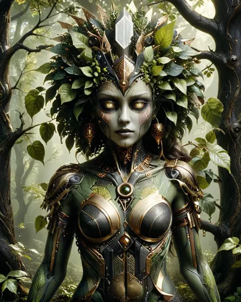 Dryad made of dvr-frft, Digital art, Altermodern, "The Book of Paradox", Bathed in shadows, award winning, creative, <lora:xlMoreArtFullV1.pREw:0.6> <lora:dvr-frft:1>