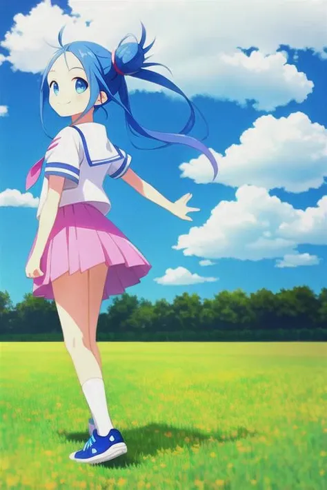 blue hair, blue eyes,smile,white yellow pink red school uniform,sky,grass,cloud,lotus,walk,side view,white sneakers,closeup full body,forehead,topknot,spin around