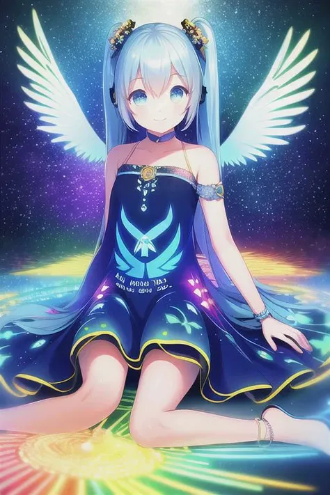 a girl with blue hair and angel wings sitting on a colorful background