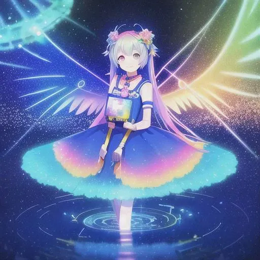 anime girl with wings and a blue dress standing in water