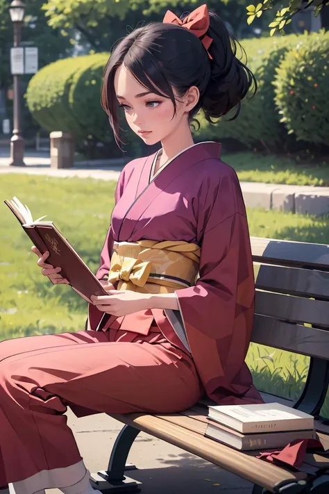 (masterpiece, best quality), 1girl, Lemon Slicked-Back High Ponytail with Bow, small breasts, Ruby Kimono-style blouse with wide sleeves and a tie waist. and Wide-leg culottes, socks, Sitting cross-legged on a park bench, holding a book and reading.,  <lyc...