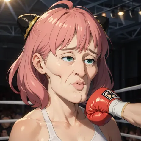 a close up of a woman with pink hair wearing boxing gloves