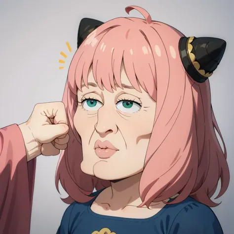 anime character with pink hair and black ears putting on a black cat ear