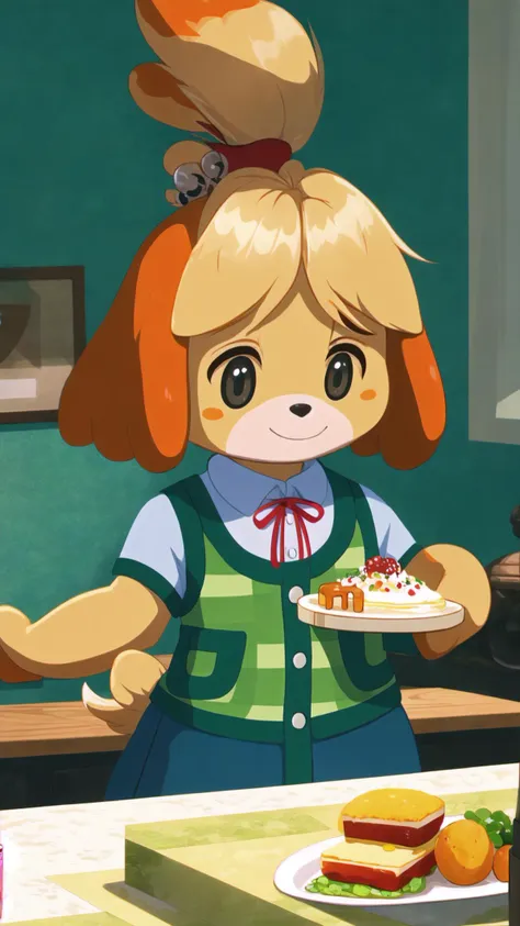 anime girl holding a plate of food in a kitchen