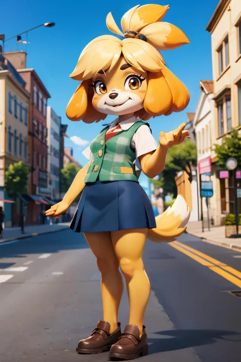 isabelle (animal crossing), furry, yellow skin, plaid vest, blue skirt, white undershirt, tail, flats, looking at viewer, smiling, full body shot, outside, plaza, city hall, blue sky, high quality, masterpiece, <lora:Isabelle_v1_R64:.8>