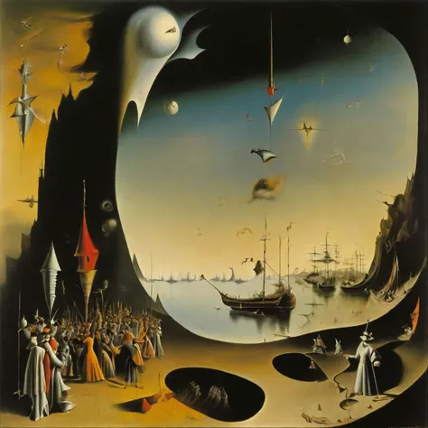 In conflict to the number zero, an accountants irrelevant dream, surrealism, by Yves Tanguy and salvador Dali, by Johfra Bosschart, oil on canvas, sharp brush strokes, gestalt, darkly lit tableaux where figures mysteriously interact, magical realism people...