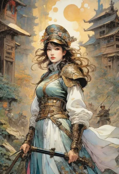 painting by Yoshitaka Amano, 
Art nouveau Japanese woodcut frame, 1800s steampunk Valkyrie painting,
a female soldier,
medium full shot,  dutch angle, 
dynamic Scene, neon-pastel medieval battlefield,