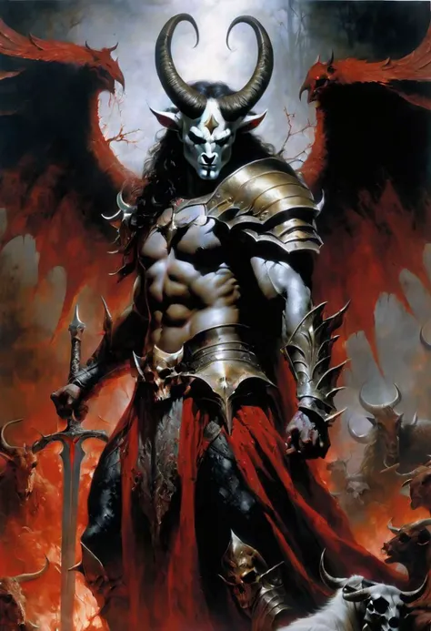 mj, Best Quality, cinematic, close-up, demon with goat head with big horns, strong and strong upper body, demon skins, skins, (claws, wings)), demonic armor, blood splatter, skulls on the ground, standing in blood ritual, medieval, dark room, dim light, ma...