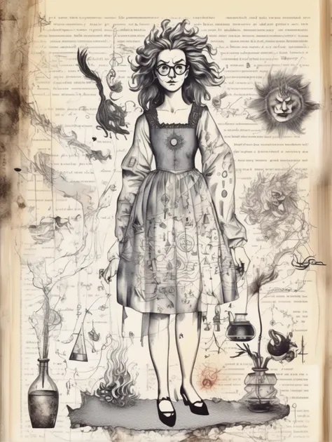 alchemy Style an alchemy book page of full body of a lewd lady wearing glasses, with messy hair, evil <lora:Alchemy_sdxl:1>