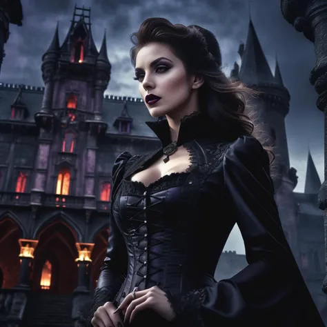 glamour photo of a vampire mistress, wearing sexy black victorian clothes, in front of a cursed dark castle, olding a cursed sword, small bats in the background sky, full body, chiaroscuro, low angle, dreamy haze, dark purple color filter for the sky, mast...