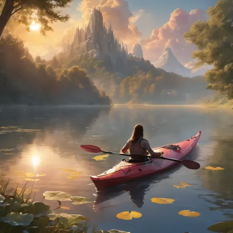 (masterpiece,best quality, ultra realistic,32k,RAW photo,detailed skin, 8k uhd, dslr,high quality:1.5), ethereal fantasy concept art of A person in a kayak on a lake with trees in the background, the sun and clouds in the sky, all within the outline of the...