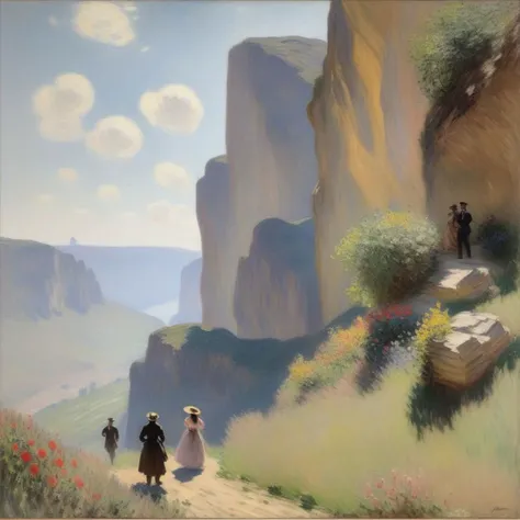 impressionistic painting by Monet, very rough painting with visible paint strokes, mountain climbing, An officer and a lady climbing a mounting in Victorian times, Dress hanging in tatters, man holding lady,