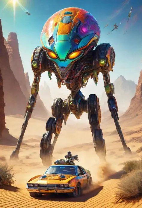 (best quality, masterpiece, colorful, dynamic angle, highest detailed), death reace in the desert, 1 car, 1 man , alien planet