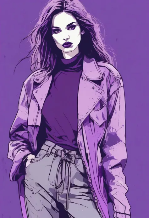 analytic drawing of a fashion 1 female model , grunge aesthetic, purple color palette, in the style of Todd McFarlane in colour