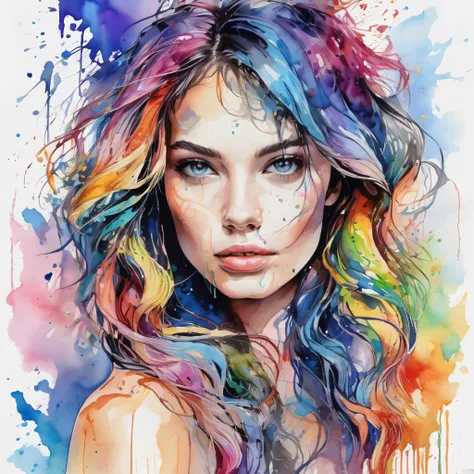 Colorful beautiful woman, a woman 18-years old, multiple color messy hair, watercolor, nice perfect face, multiple colors, intricate detail, splash screen, 8k resolution, masterpiece, cute face,art station digital painting smooth veryBlack ink flow, 8k res...