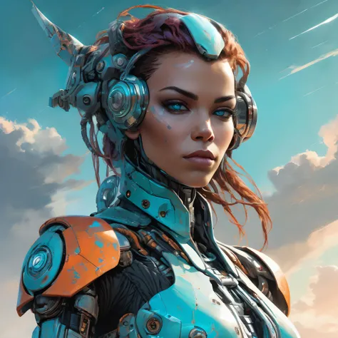 (masterpiece,best quality, ultra realistic,32k,RAW photo,detailed skin, 8k uhd, high quality:1.2), grunge style symmetry!! dynamic pose! closeup portrait of a cyborg valkyree girl, fashion cyborg jumpsuit, shoulder pads, cinematic light, backlight, teal or...