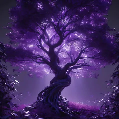 Magic tree, dark leaf, purple light, 8K, Masterpiece, botany