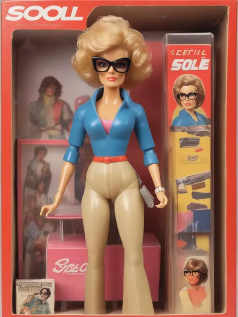 Advertising poster style 1987 Action Figure Playset Packaging page, a vintage action figure of a lewd lady wearing glasses, with messy hair, nose blush, half-closed eyes, open mouth, in a box with toy chair and files, front view, full body, solo  <lora:198...