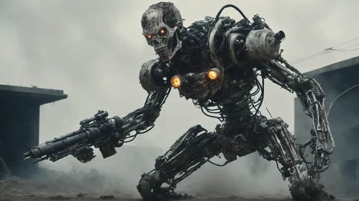 A chillingly realistic photograph captures a nightmarish scene of a cybernetic zombie holding and firing heavy rotative gatling gun, its decayed flesh intertwined with advanced cybernetic enhancements, artificial cyber eyes, complete wired body, cyber arms...