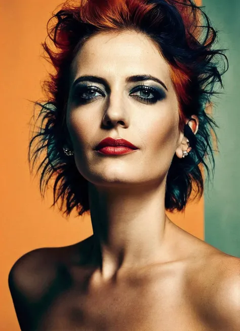 analog style, modelshoot style, portrait of sks woman by Flora Borsi, style by Flora Borsi, bold, bright colours, orange Mohawk haircut, ((Flora Borsi)), <lora:locon_evagreen_v1_from_v1_64_32:1.3>