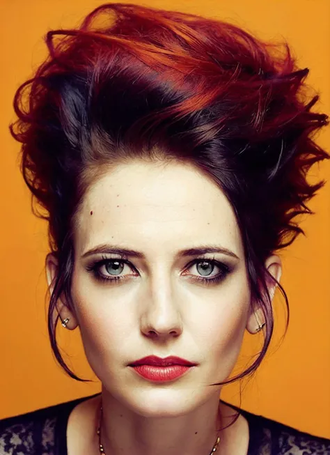 portrait of sks woman by Flora Borsi, style by Flora Borsi, bold, bright colours, orange Mohawk haircut, ((Flora Borsi)), <lora:locon_evagreen_v1_from_v1_64_32:1.3>