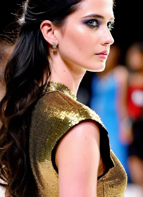 modelshoot style, raw photo of a supermodel sks woman wearing shimmering clothes walking on the ramp at milan fashion show, tattoos, 8k, intricate details, detailed face and eyes,(rendered eyes) <lora:epiNoiseoffset_v2:1>, <lora:locon_evagreen_v1_from_v1_6...