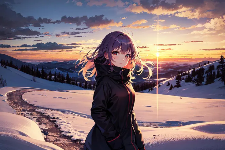 anime girl in a black jacket standing in the snow