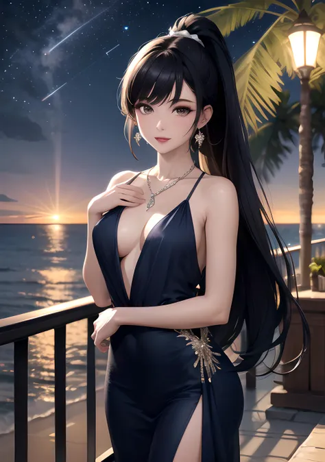 (masterpiece, best quality, highres, ultra detailed, detailed background:1.2), (beautifull, detailed face, detailed eyes), 1girl, hotel, balcony, night, starry sky, shooting star, beach, ocean, tree, palm tree, black hair, very long straight hair, asymmetr...