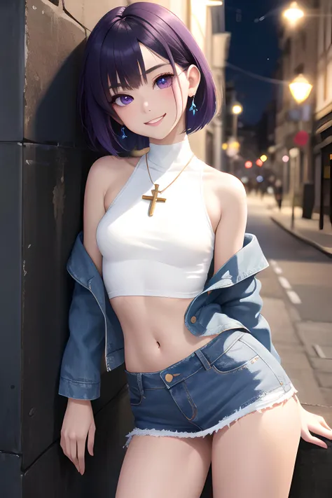 (masterpiece, best quality, highres, ultra detailed, detailed background:1.2), (beautifull, detailed face, detailed eyes), 1girl, ((small perky breasts)), purple hair, short straight hair, bob cut, narrow waist, purple eyes, pale skin, makeup, mascara, whi...