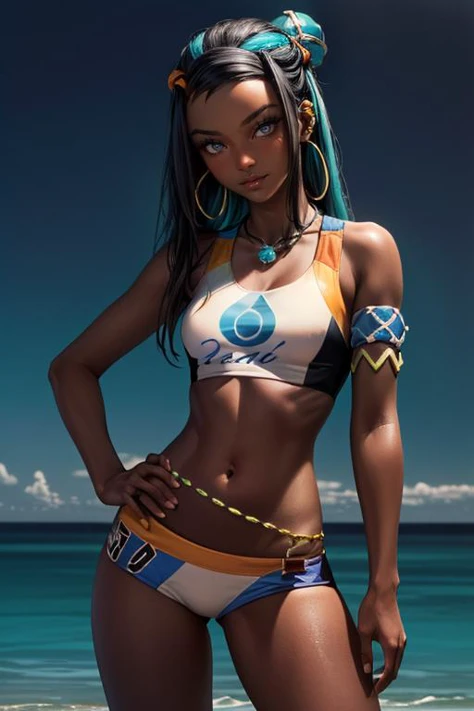 (masterpiece, best quality, highres, absurdres, ultra-detailed:1.2),  ((1girl, solo, nessa, dark skin, dark-skinned female, slight smile, looking at viewer, hand on hip, single hair bun, swimsuit, bikini, jewelry, necklace, earrings, belly chain, armlet, m...