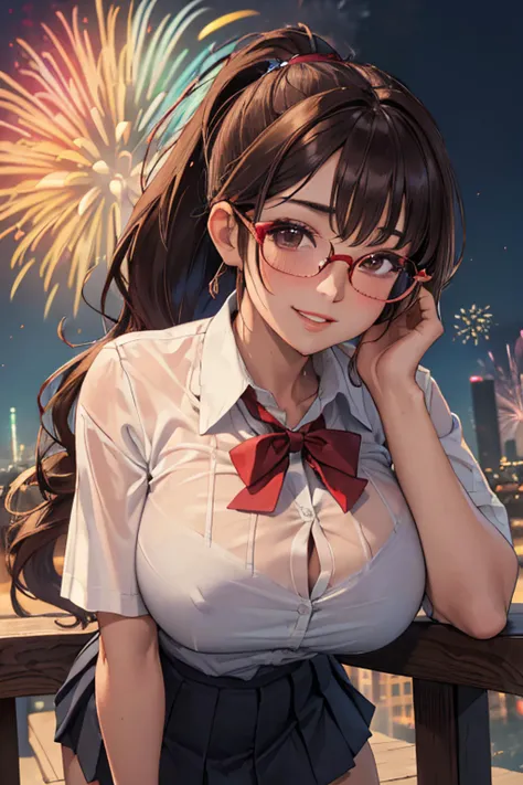 (absurdres, masterpiece, best quality, ultra detailed, detailed background, cinematic lighting, angled), (wide sky filled with many colorful spectacular fireworks:1.4), (beautiful anime face, long eyelashes, detailed brown eyes), (voluptuous perfect toned ...